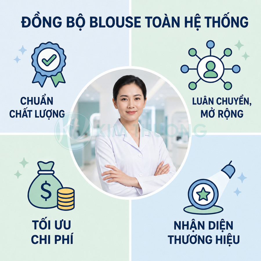 Bác sĩ mặc áo blouse trắng đứng giữa poster giới thiệu đồng bộ đồng phục y tế toàn hệ thống