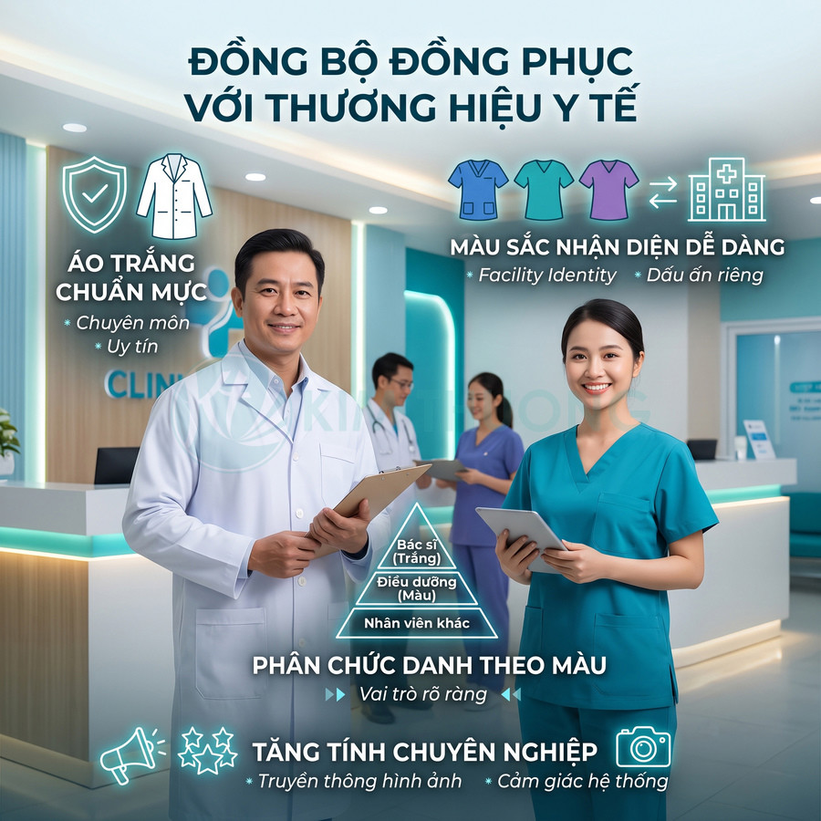Bộ đồng phục y tế chuyên nghiệp với bác sĩ áo blouse trắng và điều dưỡng mặc scrub xanh trong sảnh phòng khám hiện đại