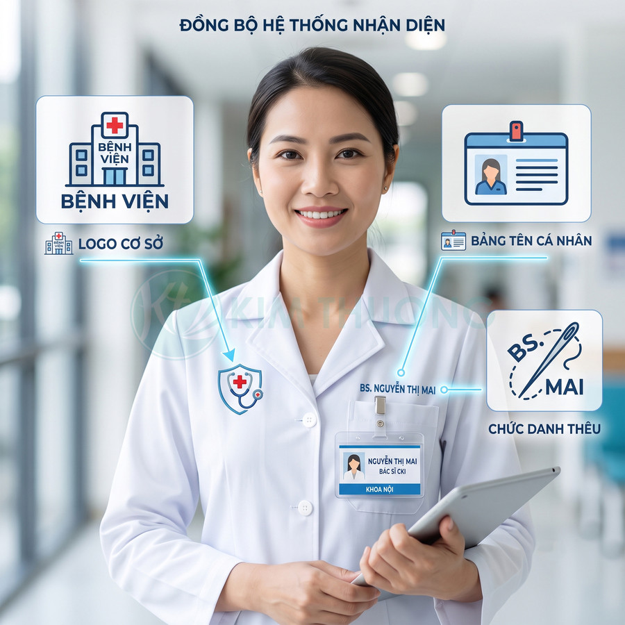 Bác sĩ nữ mặc áo blouse trắng đeo bảng tên và logo bệnh viện, cầm máy tính bảng trong hành lang bệnh viện