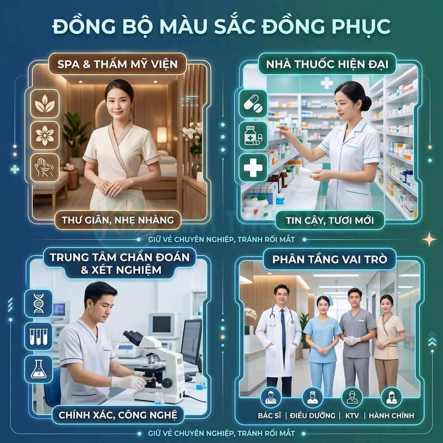 Đồng phục nhân viên y tế và spa nhiều màu sắc cho bác sĩ, điều dưỡng, kỹ thuật viên và lễ tân