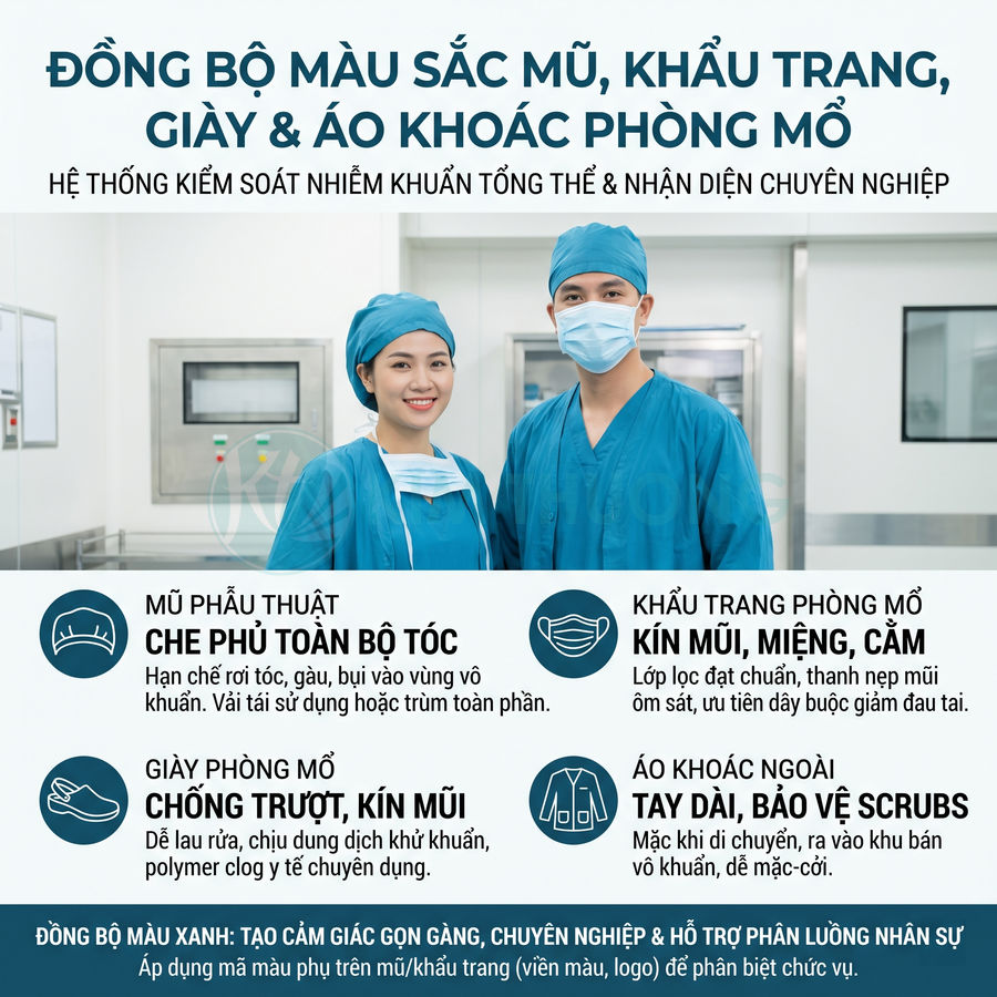 Trang phục phẫu thuật màu xanh gồm mũ, khẩu trang, áo khoác và giày phòng mổ đồng bộ cho nhân viên y tế