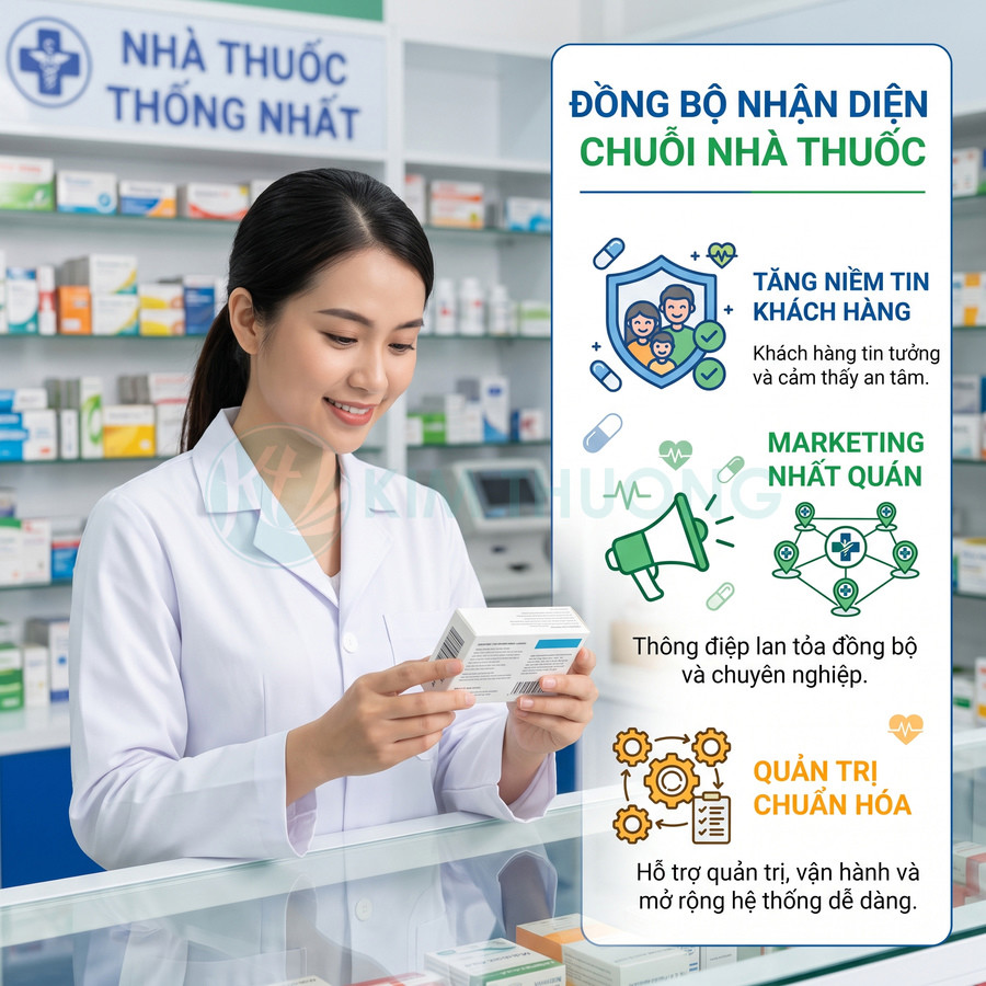 Dược sĩ tại nhà thuốc Thống Nhất đang kiểm tra hộp thuốc trên tay trước quầy trưng bày dược phẩm