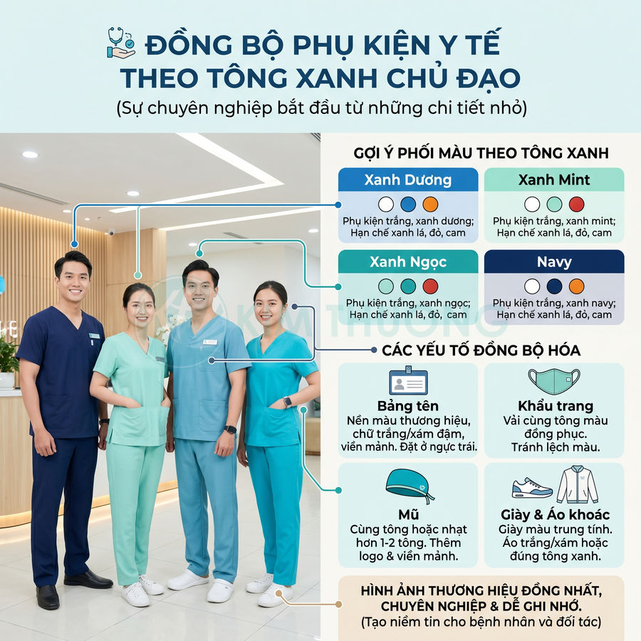 Nhân viên y tế mặc đồng phục scrub tông xanh đồng bộ phụ kiện trong không gian phòng khám hiện đại