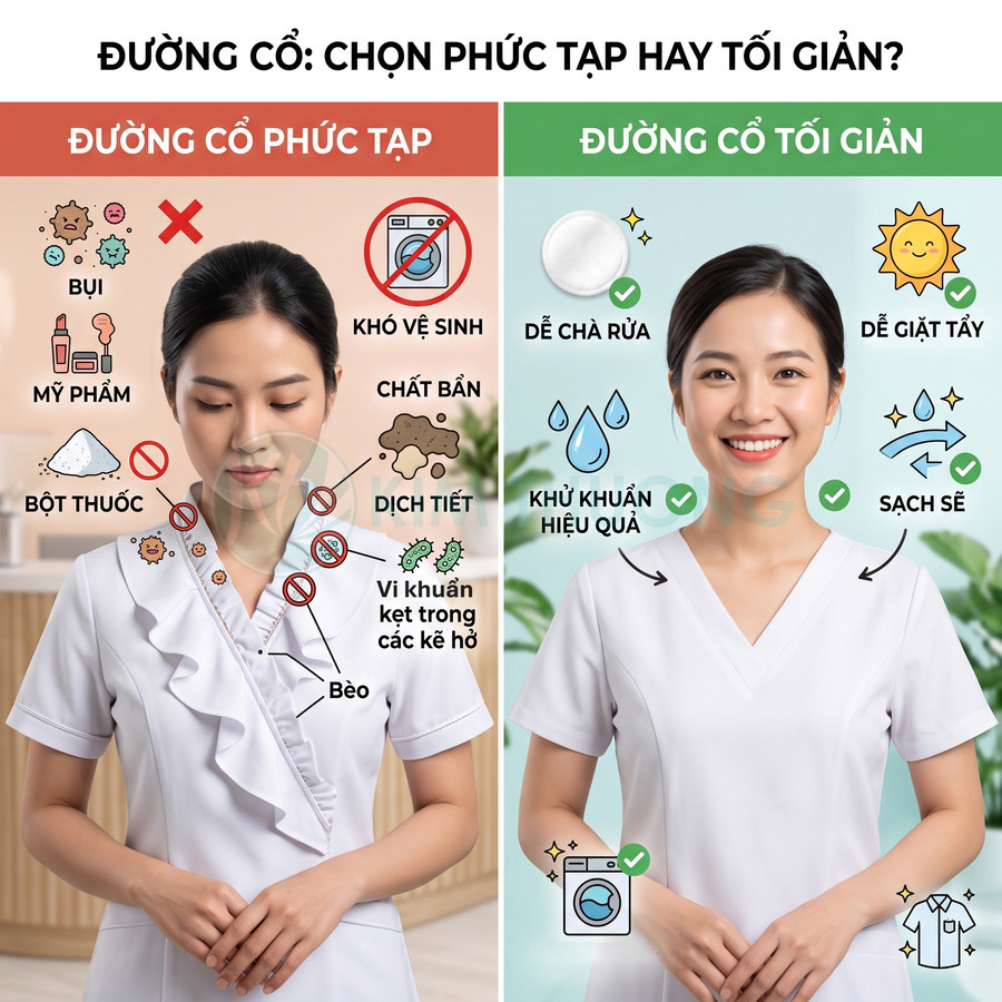 So sánh đồng phục y tá cổ bèo phức tạp và cổ chữ V tối giản dễ giặt sạch, khử khuẩn hiệu quả