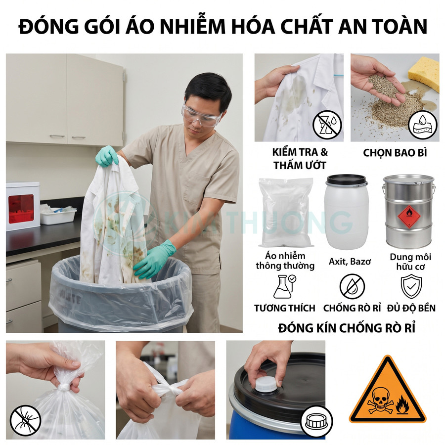 Quy trình đóng gói áo nhiễm hóa chất an toàn trong thùng lót túi, buộc kín và đậy nắp chống rò rỉ