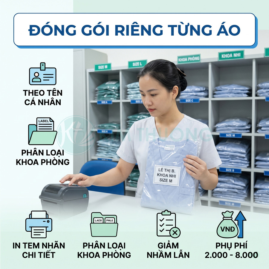 Nhân viên y tế đóng gói riêng từng áo bệnh nhân có in tem nhãn tên và khoa phòng