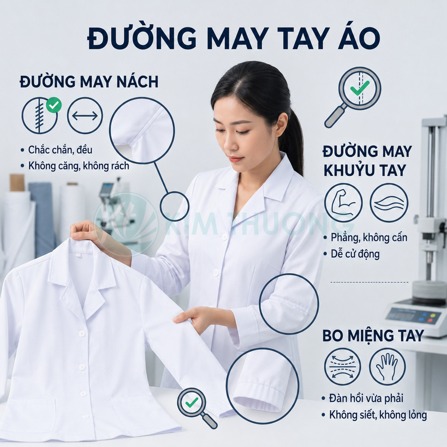 Nhân viên kiểm tra đường may tay áo áo blouse trắng, tập trung vào độ chắc chắn và bo tay áo