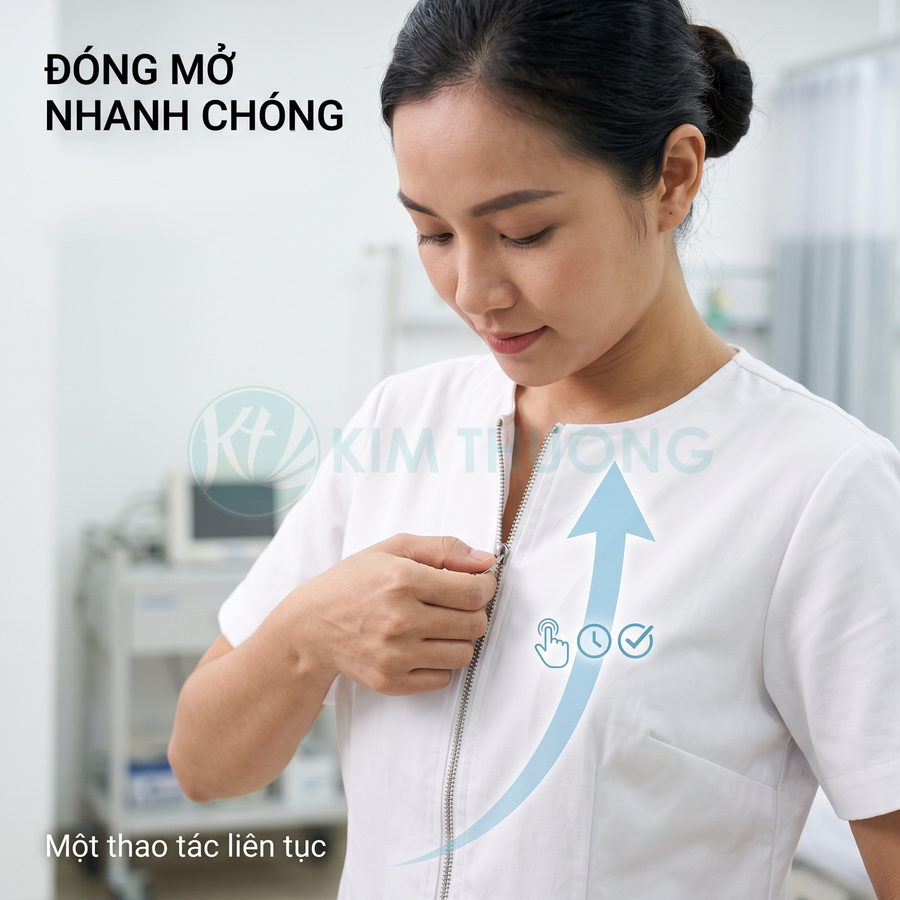 Đồng phục y tá Kim Tín Vọng màu trắng với khóa kéo trước dễ dàng đóng mở nhanh chóng