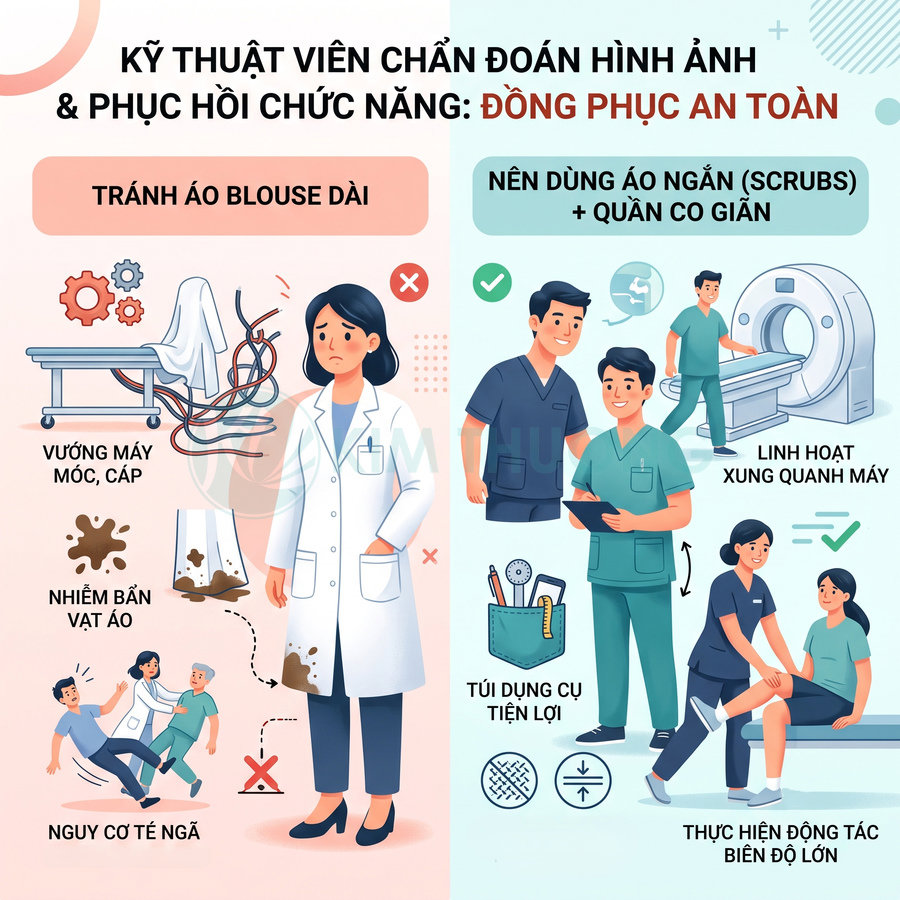 Infographic so sánh áo blouse dài và bộ scrubs co giãn cho kỹ thuật viên chẩn đoán hình ảnh, phục hồi chức năng