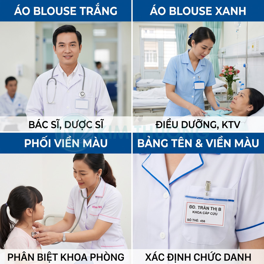 Đồng phục áo blouse trắng và xanh cho bác sĩ, điều dưỡng, có viền màu và bảng tên phân biệt khoa phòng, chức danh