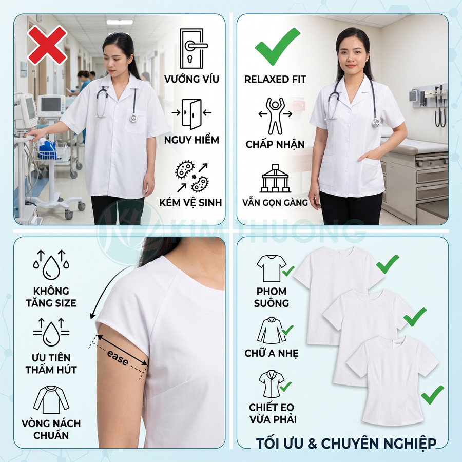 Đồng phục y tá nữ màu trắng phom suông, chiết eo nhẹ, vải thấm hút, thiết kế tối ưu cho môi trường bệnh viện