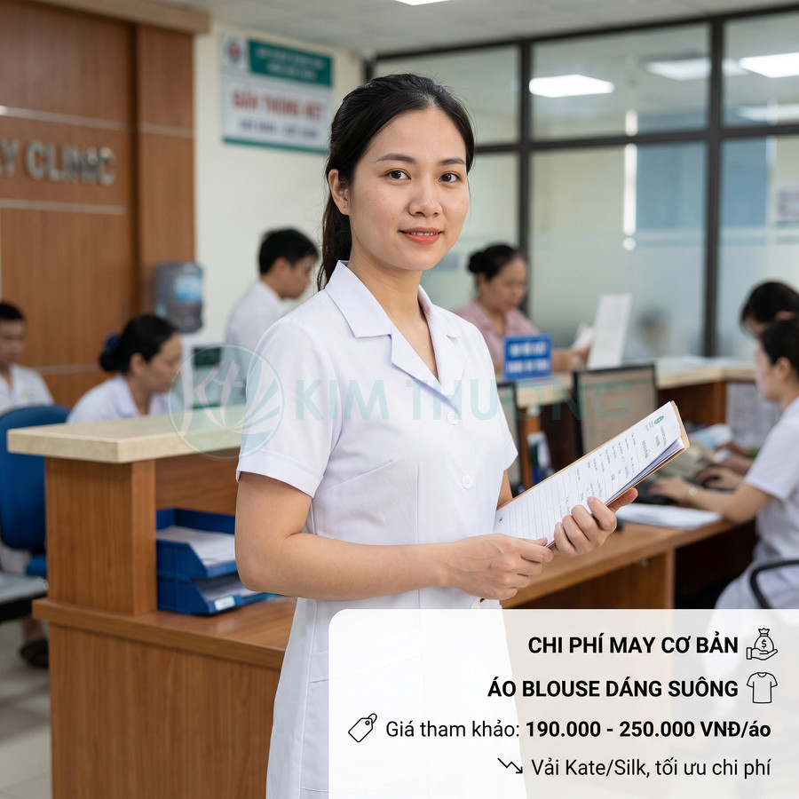 Áo blouse y tá dáng suông màu trắng vải Kate Silk tại quầy tiếp đón bệnh viện