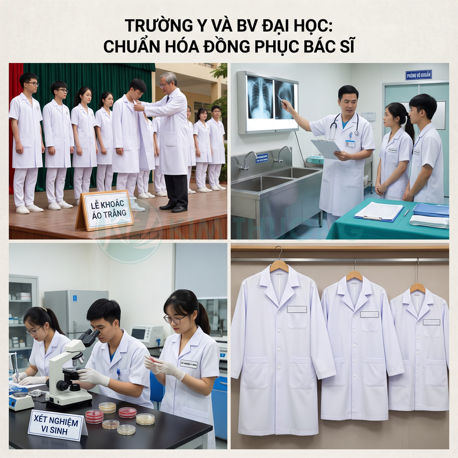 Áo blouse trắng đồng phục bác sĩ và sinh viên y khoa trong bệnh viện và phòng thí nghiệm