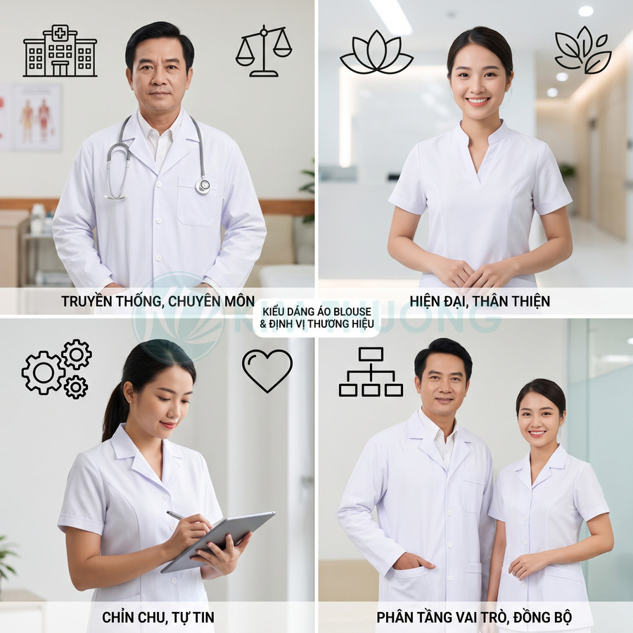 Bộ sưu tập áo blouse y tế trắng cho bác sĩ và y tá, thiết kế hiện đại, chuyên nghiệp, chỉnh chu