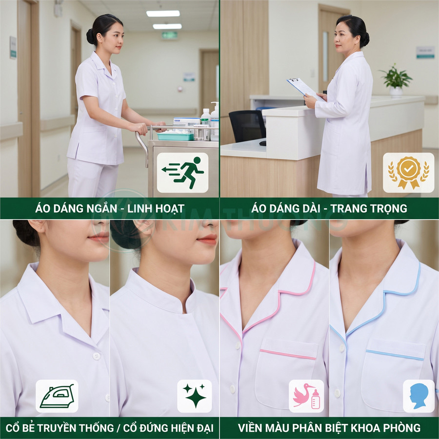 Đồng phục y tá nữ màu trắng cổ bẻ và cổ đứng, viền màu phân biệt khoa phòng trong bệnh viện