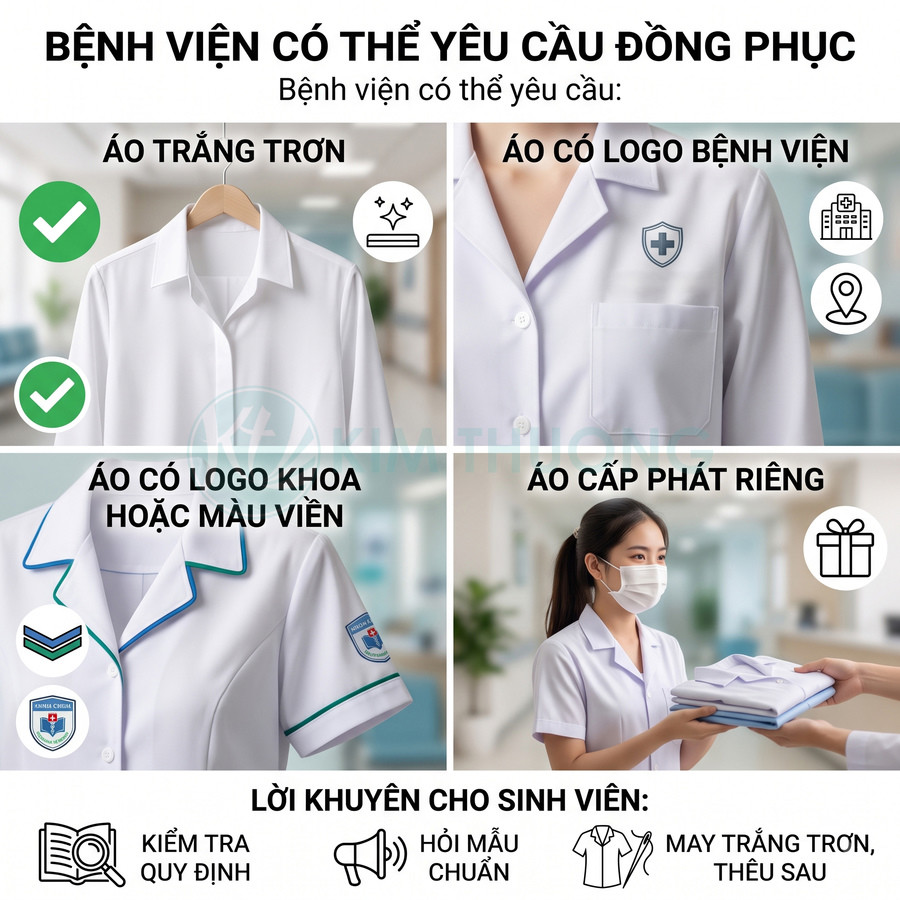 Các kiểu áo blouse trắng bệnh viện cho sinh viên y, gồm áo trơn, áo có logo và áo viền màu