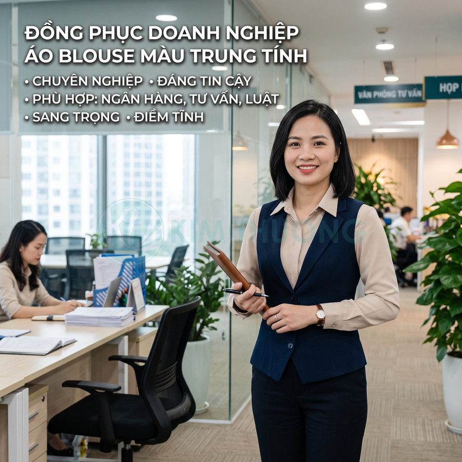 Nữ nhân viên văn phòng mặc đồng phục áo blouse màu trung tính vest xanh navy trong không gian làm việc hiện đại