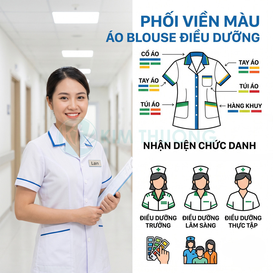 Áo blouse điều dưỡng nữ viền xanh dương trắng, hướng dẫn phối màu viền nhận diện chức danh điều dưỡng