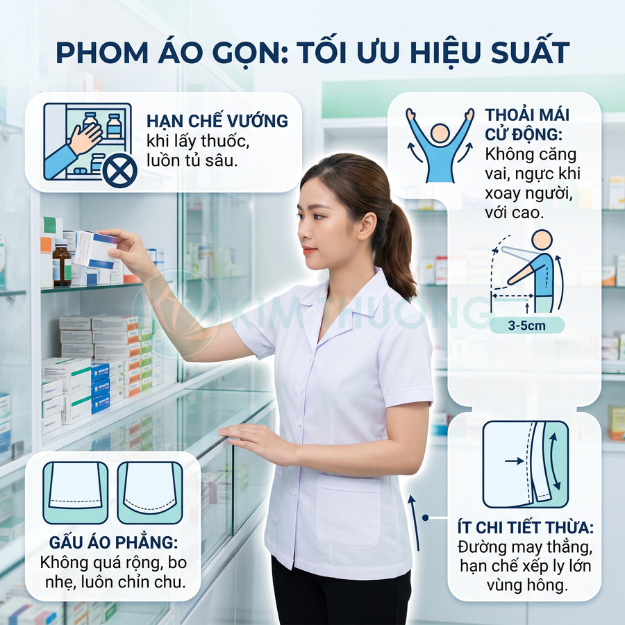 Áo blouse dược sĩ nữ phom gọn màu trắng, tay ngắn, đứng lấy thuốc tại quầy nhà thuốc