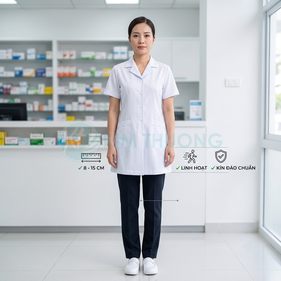 Nhân viên y tế mặc áo blouse trắng tay ngắn và quần dài tối màu đứng trong nhà thuốc