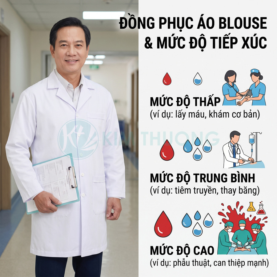Bác sĩ mặc áo blouse trắng cầm bảng hồ sơ đứng hành lang bệnh viện cạnh bảng hướng dẫn mức độ tiếp xúc y tế