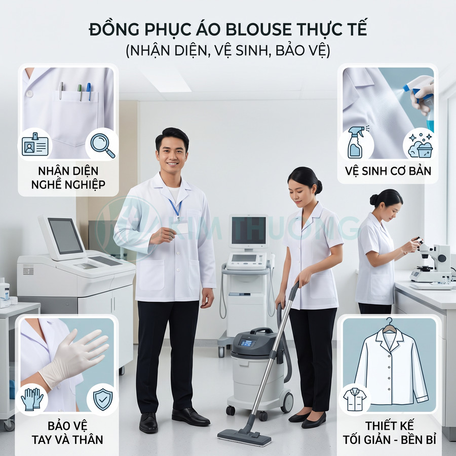 Nhân viên y tế mặc áo blouse trắng làm việc trong phòng khám hiện đại, thể hiện đồng phục sạch sẽ chuyên nghiệp