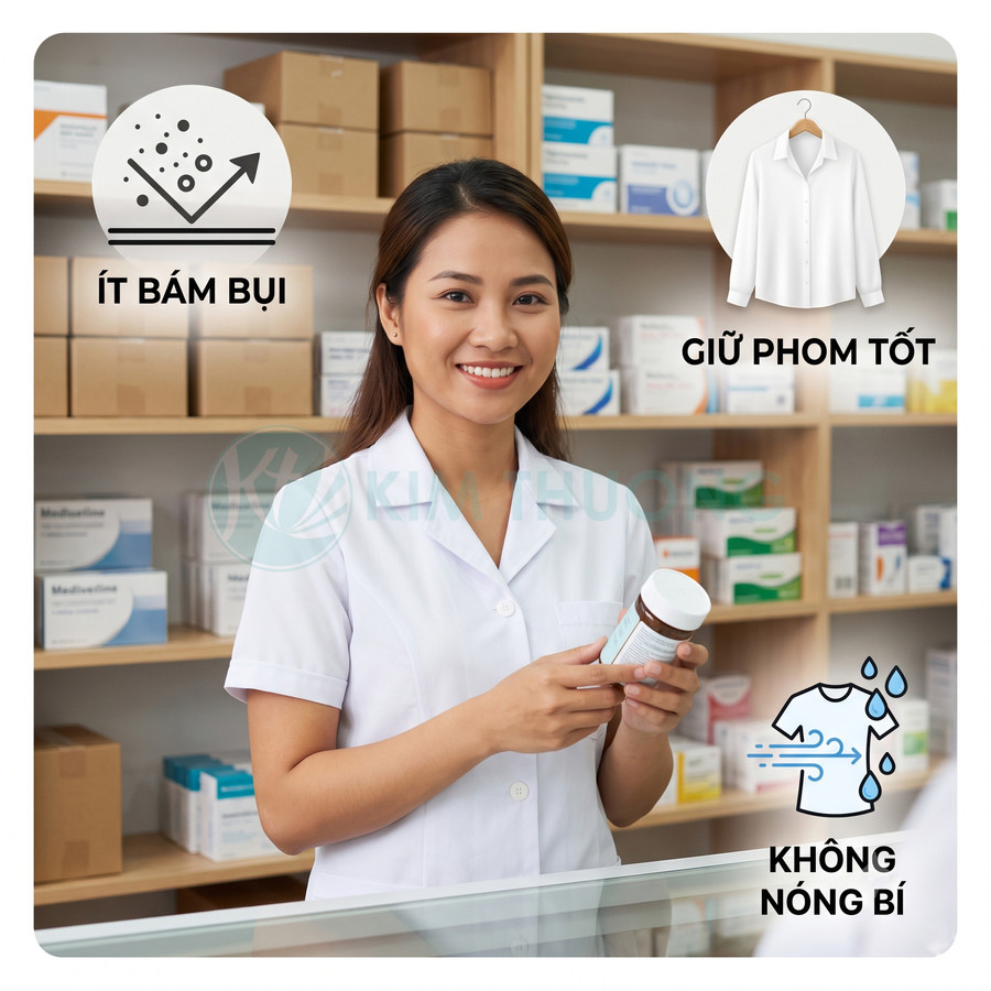 Áo blouse dược sĩ màu trắng ít bám bụi giữ phom tốt không nóng bí trong nhà thuốc
