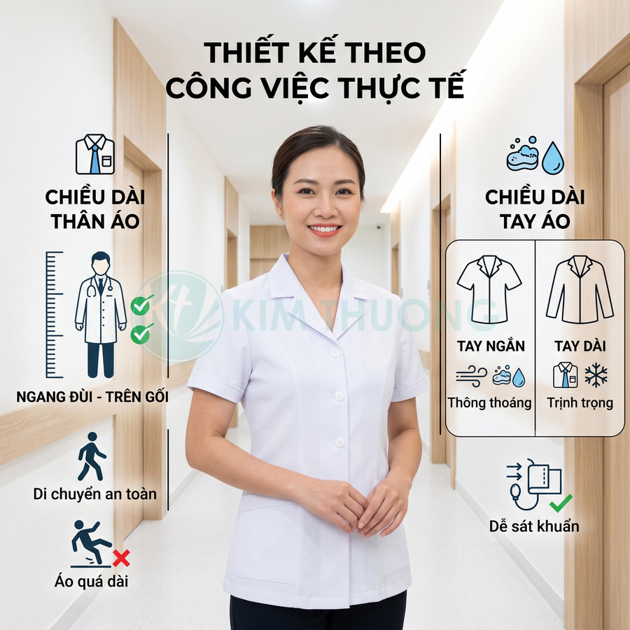 Đồng phục y tá nữ tay ngắn màu trắng thiết kế vừa vặn, chiều dài ngang đùi phù hợp công việc bệnh viện