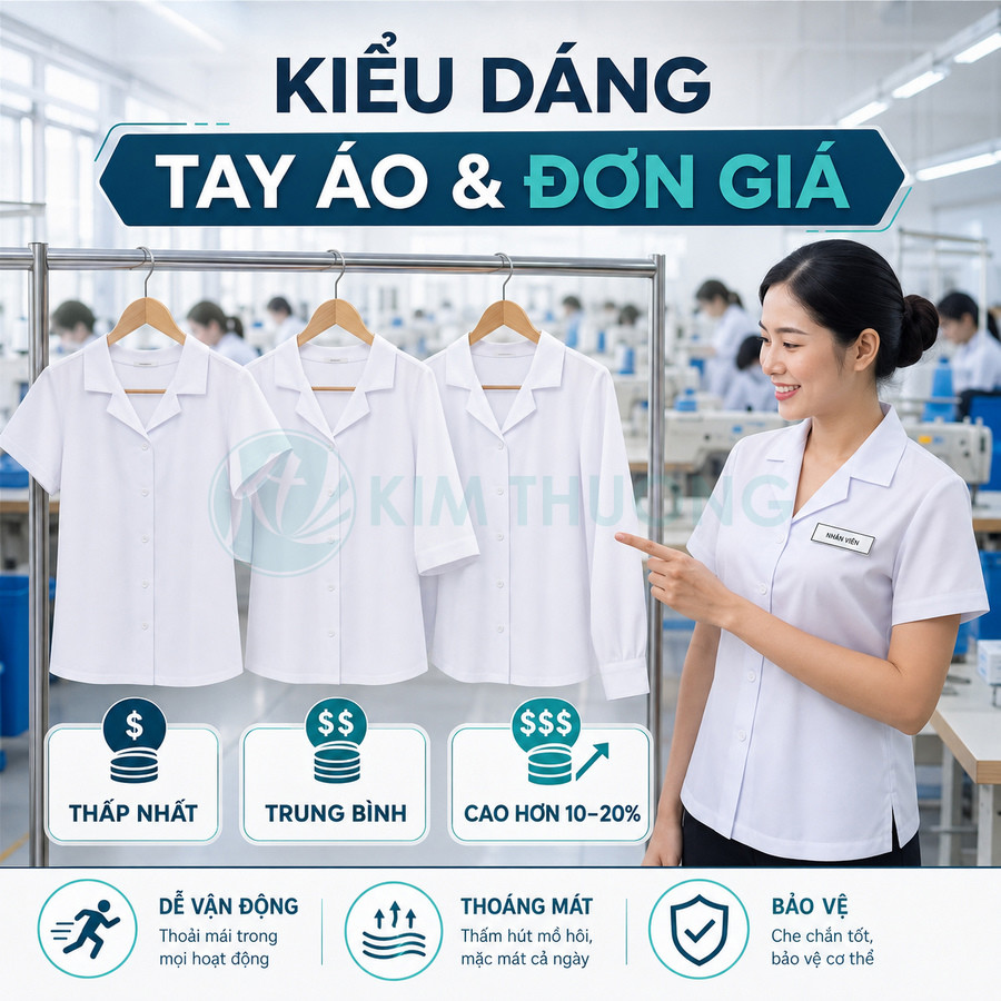 Nhân viên nữ giới thiệu ba mẫu áo blouse y tế tay ngắn trắng treo trên móc trong xưởng may Kim Thương