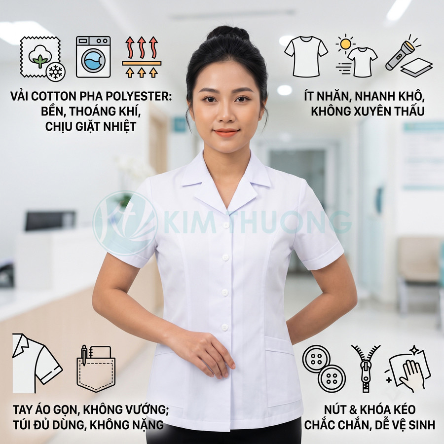 Đồng phục y tá nữ tay ngắn vải cotton pha polyester màu trắng, dáng ôm gọn, có túi và hàng nút trước