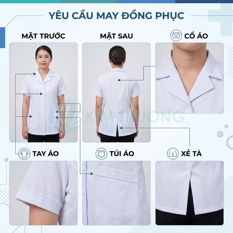 Áo blouse đồng phục y tế màu trắng tay ngắn cổ ve, có túi trước và xẻ tà sau nhìn trước và sau
