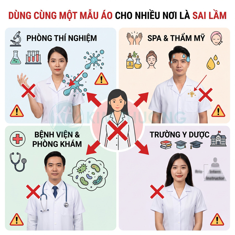 Hình minh họa cảnh báo không dùng chung một mẫu áo blouse cho phòng thí nghiệm, spa, bệnh viện và trường y