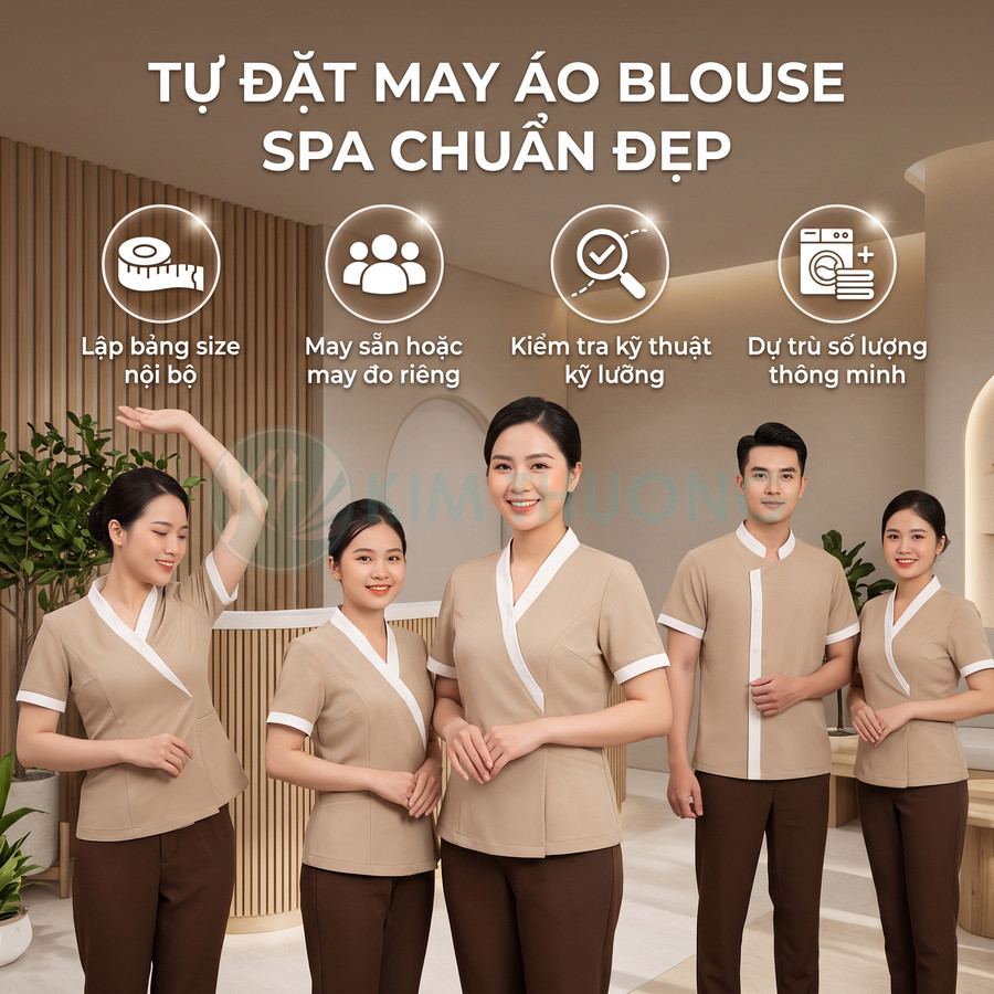 Nhân viên spa mặc đồng phục áo blouse màu be viền trắng quần nâu đứng trong không gian spa hiện đại