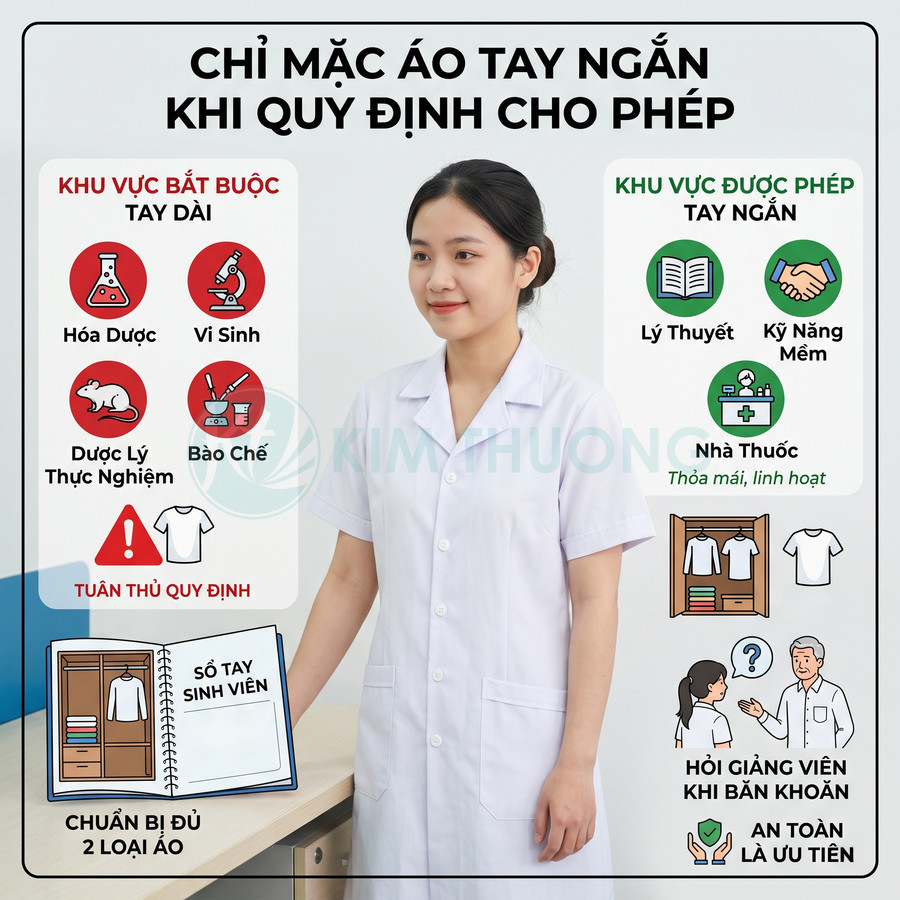 Nữ sinh mặc áo blouse tay ngắn màu trắng đứng trong phòng, minh họa quy định sử dụng áo blouse cho sinh viên y dược