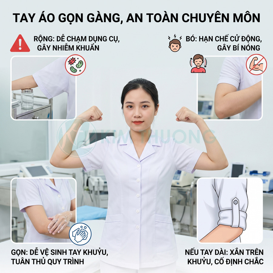 Đồng phục y tá tay ngắn màu trắng gọn gàng, dễ vệ sinh tay, phù hợp môi trường y tế chuyên nghiệp