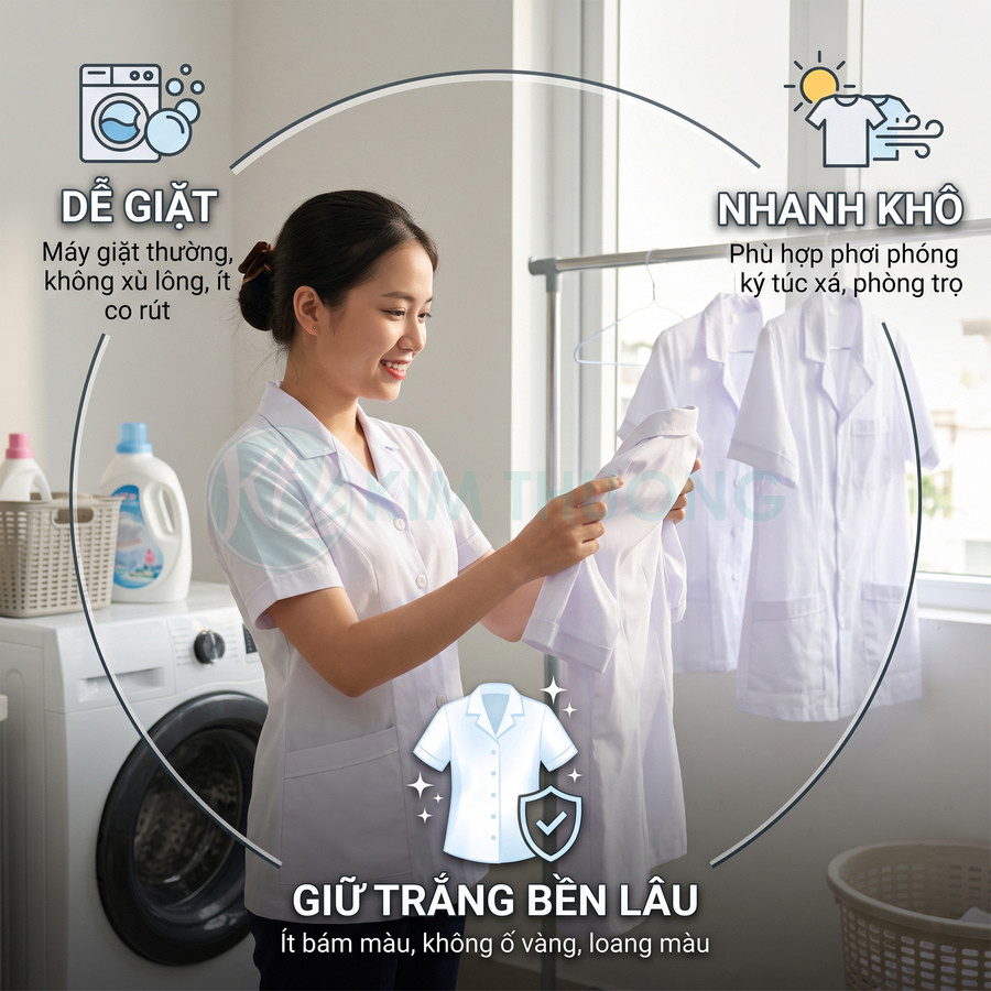 Đồng phục blouse y tá màu trắng dễ giặt nhanh khô, giữ trắng lâu, ít bám màu không ố vàng