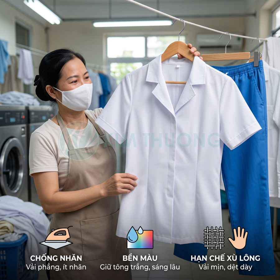 Đồng phục áo blouse trắng vải dày chống nhăn bền màu được nhân viên giặt ủi kiểm tra trên móc treo