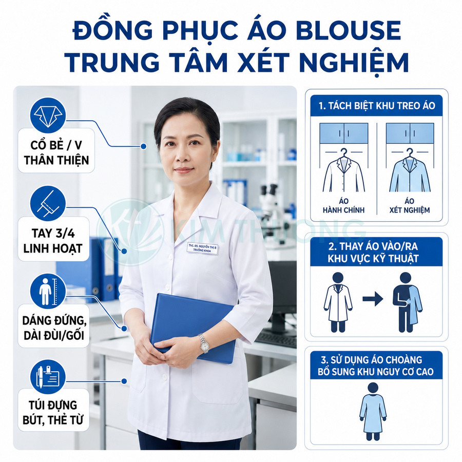 Đồng phục áo blouse trắng tay lửng cho nhân viên trung tâm xét nghiệm, dáng dài có túi tiện dụng