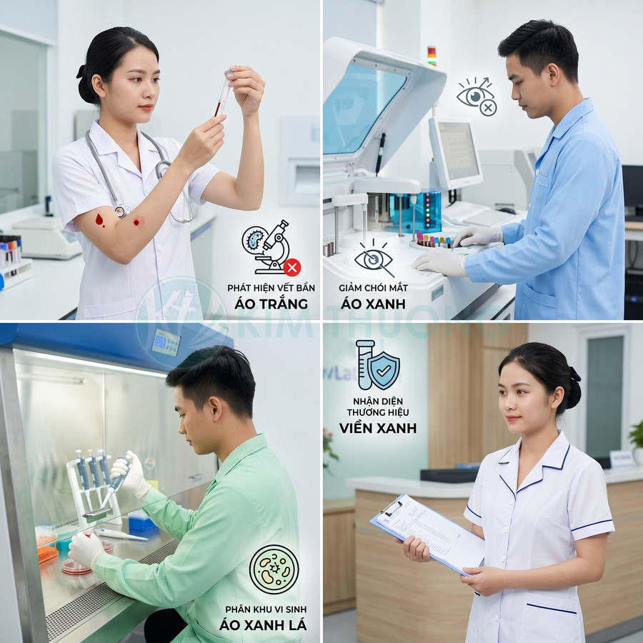 Nhân viên y tế mặc áo blouse trắng xanh và xanh lá làm việc trong phòng thí nghiệm bệnh viện