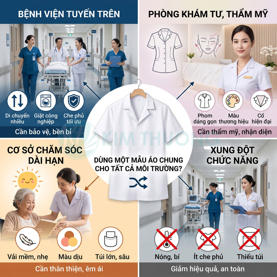 Đồng phục y tá màu trắng và xanh cho bệnh viện, phòng khám, cơ sở chăm sóc dài hạn, thiết kế chuyên dụng từng môi trường