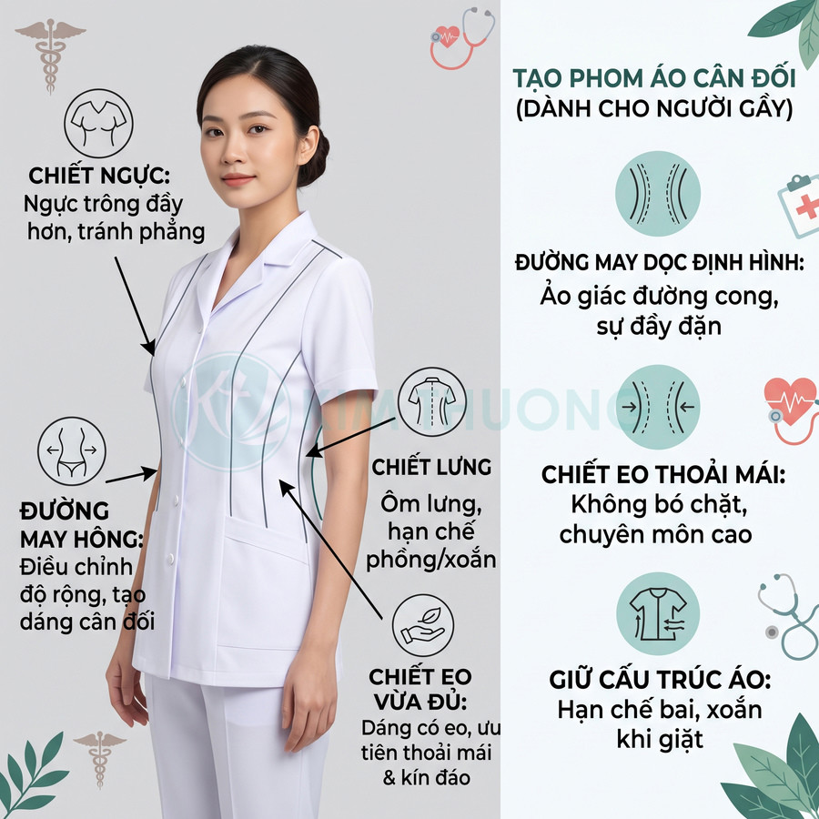 Nữ điều dưỡng mặc đồng phục y tá màu trắng dáng ôm, tay ngắn, có túi trước và đường chiết tôn dáng