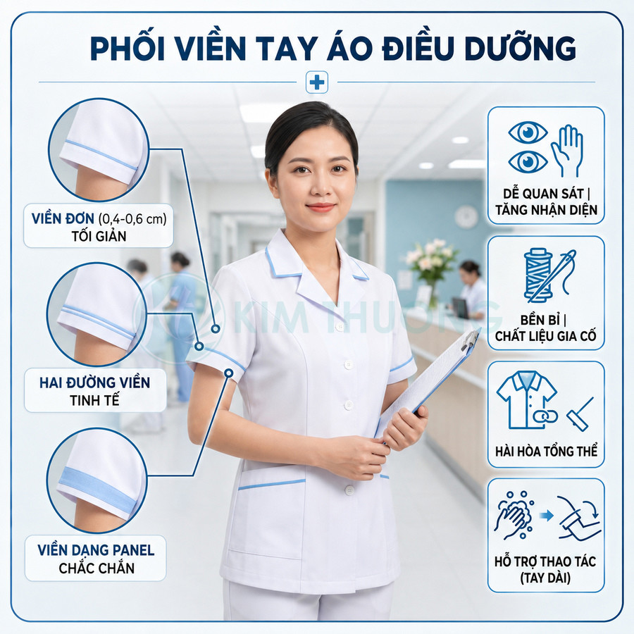 Đồng phục điều dưỡng tay ngắn màu trắng phối viền xanh nhạt, thiết kế đơn giản tinh tế trong bệnh viện