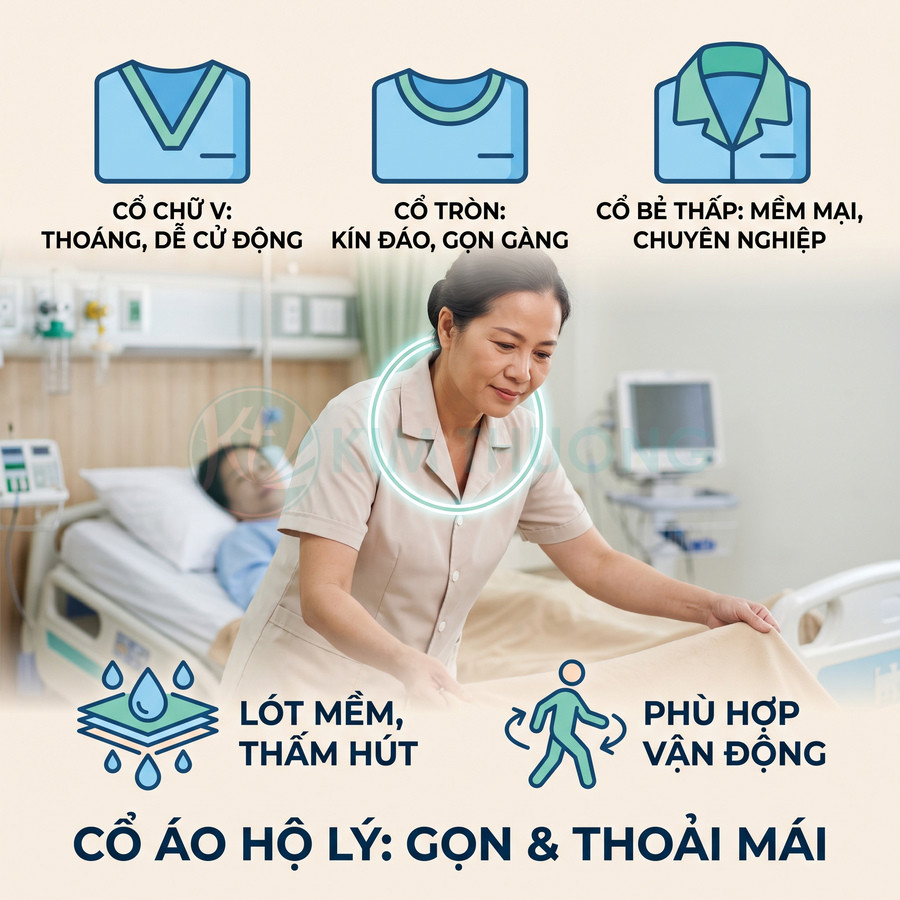 Đồng phục áo cổ bẻ cho hộ lý màu be, chất liệu lót mềm thấm hút, thiết kế gọn gàng thoải mái khi làm việc