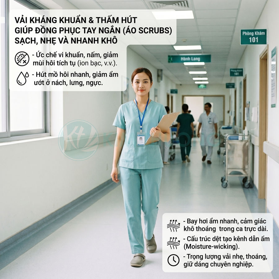 Nữ y tá mặc đồng phục scrubs tay ngắn màu xanh nhạt, chất vải kháng khuẩn thấm hút nhanh trong bệnh viện