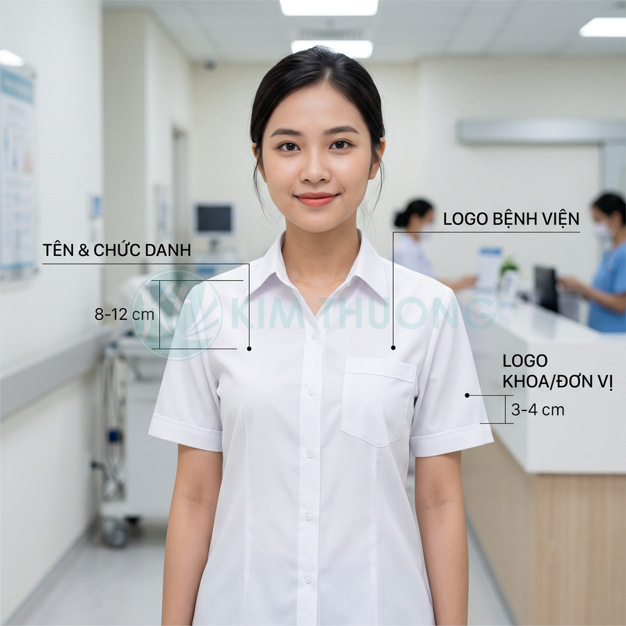 Nhân viên y tế mặc áo sơ mi trắng đồng phục bệnh viện với vị trí in tên chức danh và logo khoa viện