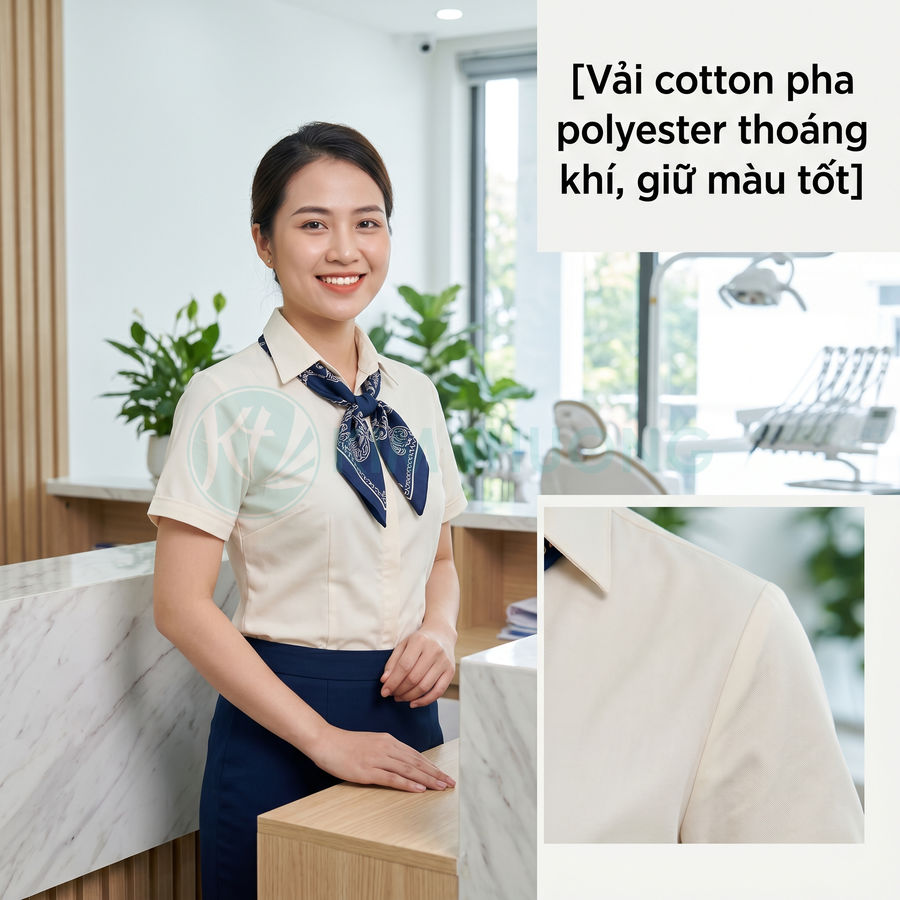 Nhân viên lễ tân mặc đồng phục sơ mi cotton pha polyester màu kem, quần xanh và khăn cổ xanh navy