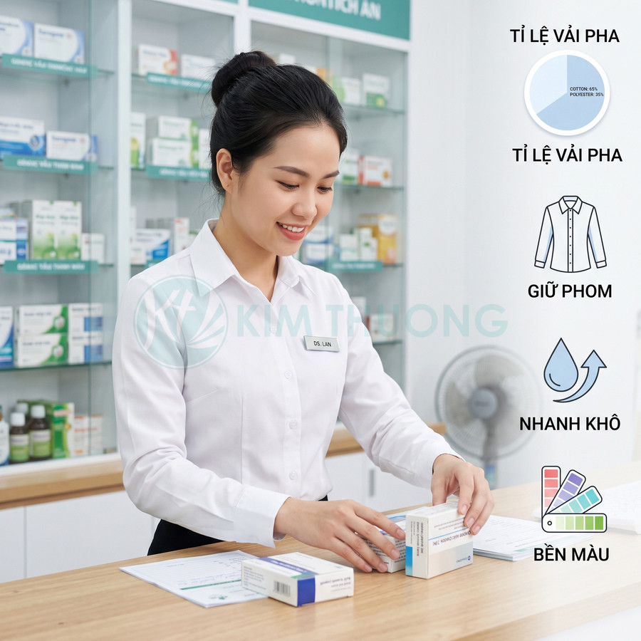 Áo sơ mi đồng phục dược sĩ nữ tay dài màu trắng tại quầy thuốc, chất vải pha giữ phom nhanh khô bền màu