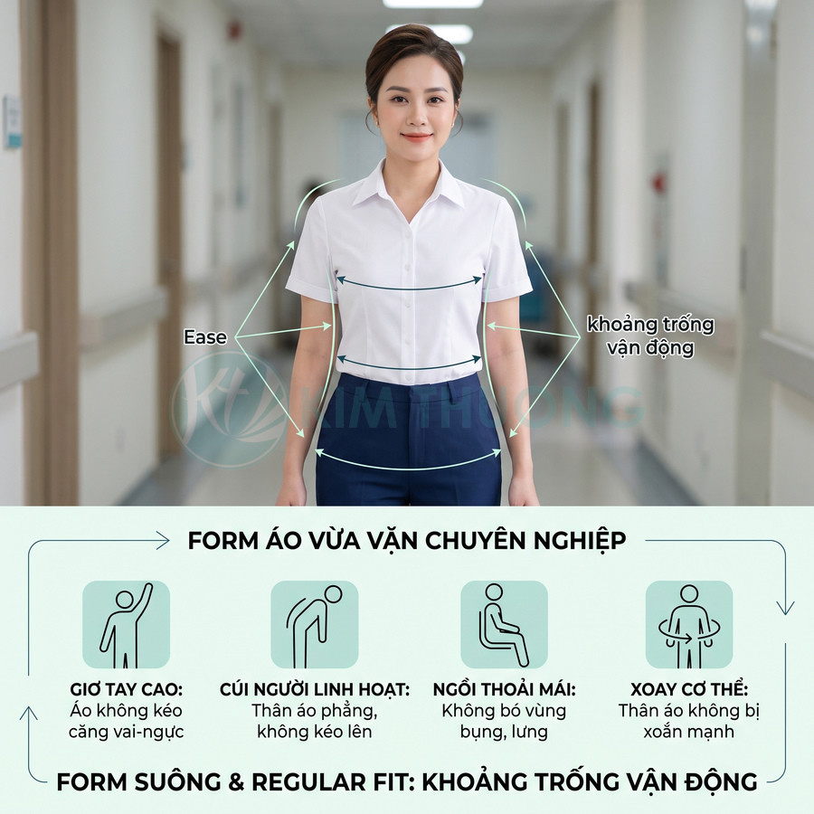 Nữ nhân viên mặc áo sơ mi trắng form suông regular fit, quần xanh, đứng trong hành lang văn phòng