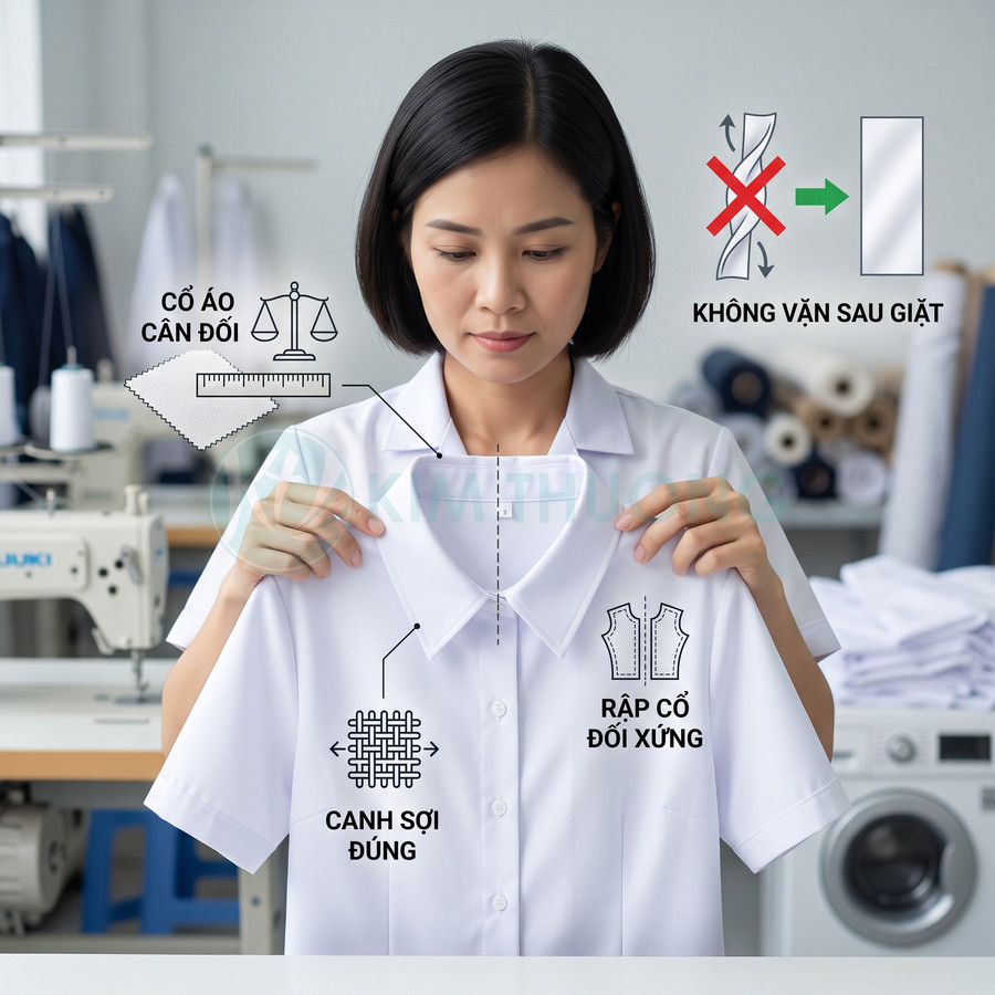 Người phụ nữ kiểm tra áo sơ mi trắng may đo chuẩn, cổ áo cân đối, chất vải phẳng không vặn sau giặt