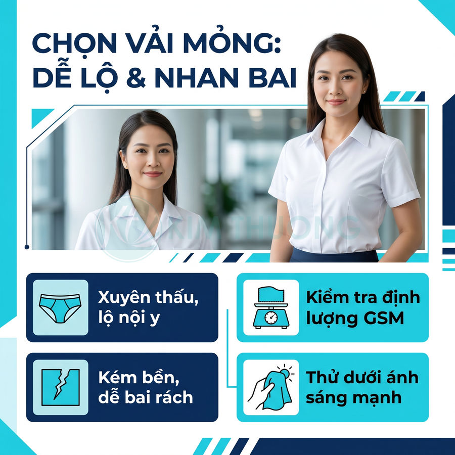 Đồng phục công sở nữ vải mỏng dễ nhăn, minh họa nhược điểm xuyên thấu và cách kiểm tra chất lượng vải